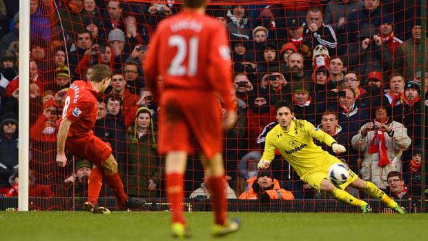Steven Gerrard scores a penalty for Liverpool past Tottenham's Hugo Lloris